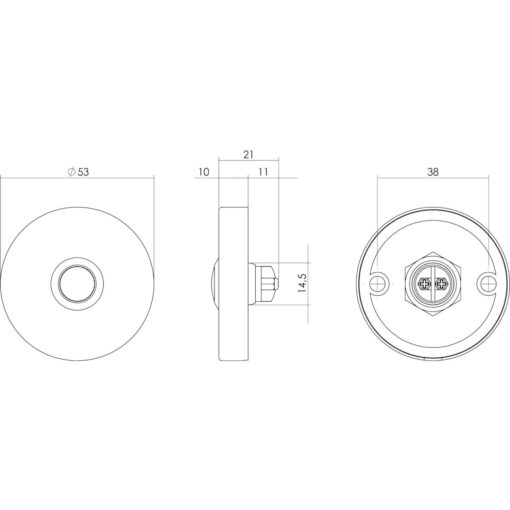 Intersteel Deurbel rond verdekt diameter 53 x 10 mm INOX geborsteld - Technische tekening