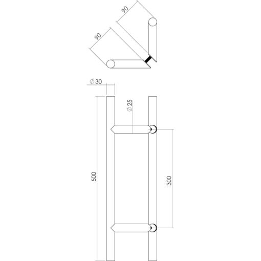 Intersteel Deurgrepen set T-schuin diameter 30 mm - 500 mm INOX geborsteld - Technische tekening