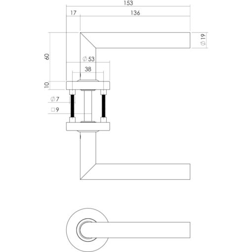 Intersteel Deurklink L-hoek op rozet met profielcilindergat INOX geborsteld brandvertragend - Technische tekening