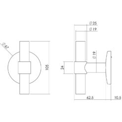 Intersteel Deurknop T-recht op ronde achterplaat INOX geborsteld - Technische tekening