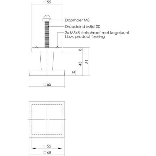 Intersteel Deurknop vierkant nikkel mat - Technische tekening