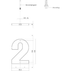 Intersteel Huisnummer 2 Koper gelakt - Technische tekening