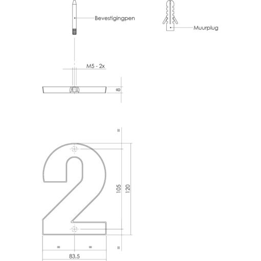 Intersteel Huisnummer 2 nikkel mat - Technische tekening