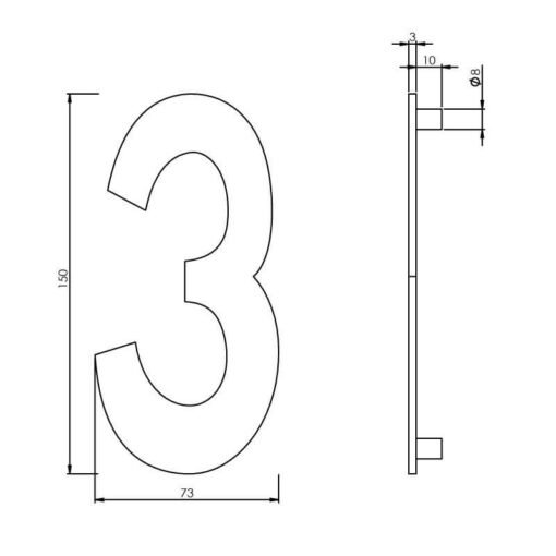Intersteel Huisnummer 3 150 mm INOX geborsteld - Technische tekening