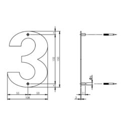 Intersteel Huisnummer 3 150x2mm INOX geborsteld - Technische tekening