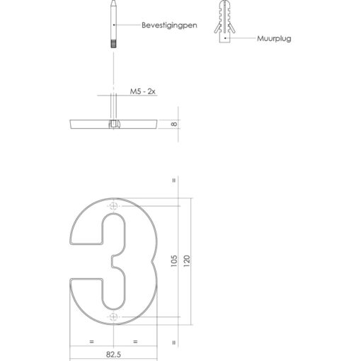Intersteel Huisnummer 3 antraciet titaan PVD - Technische tekening