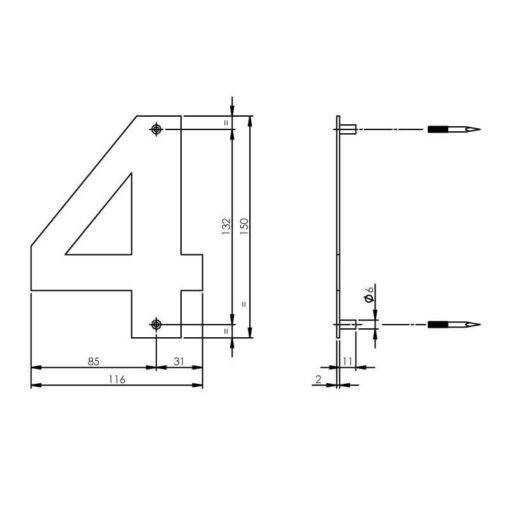Intersteel Huisnummer 4 150x2mm INOX geborsteld - Technische tekening