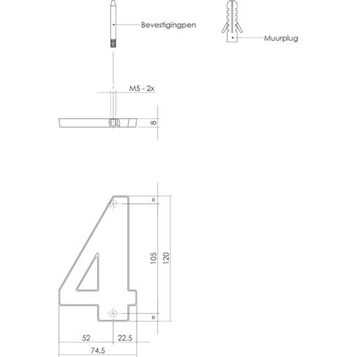 Intersteel Huisnummer 4 Koper titaan PVD - Technische tekening