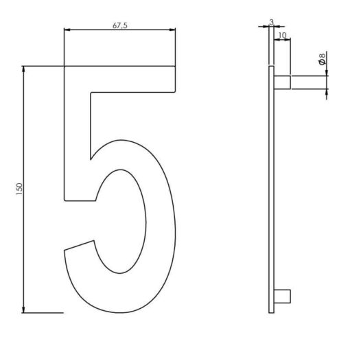 Intersteel Huisnummer 5 150 mm INOX geborsteld - Technische tekening