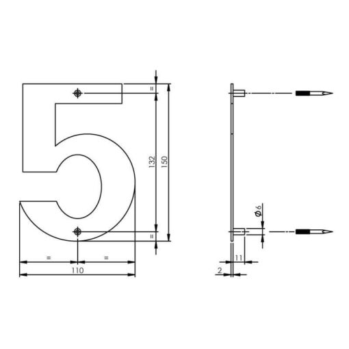 Intersteel Huisnummer 5 150x2mm INOX geborsteld - Technische tekening