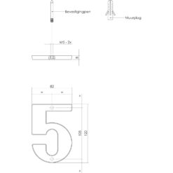 Intersteel Huisnummer 5 Koper titaan PVD - Technische tekening