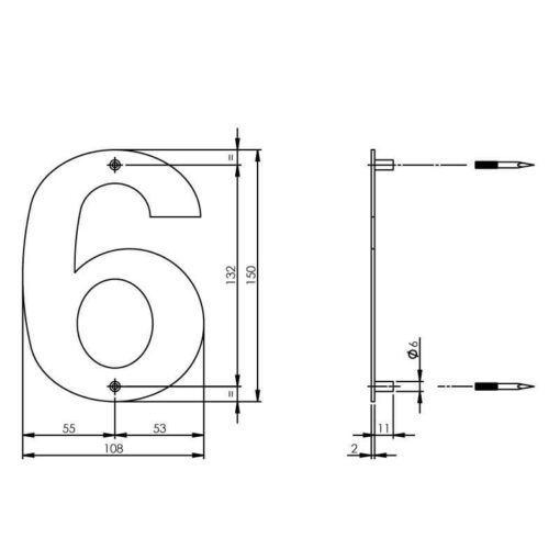 Intersteel Huisnummer 6 150x2mm INOX geborsteld - Technische tekening