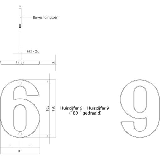 Intersteel Huisnummer 6 Koper gelakt - Technische tekening