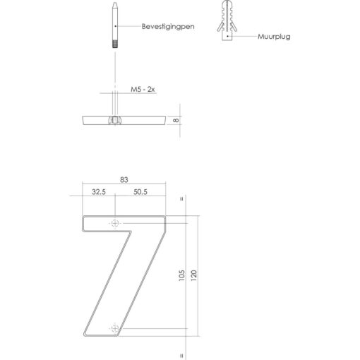 Intersteel Huisnummer 7 Koper titaan PVD - Technische tekening