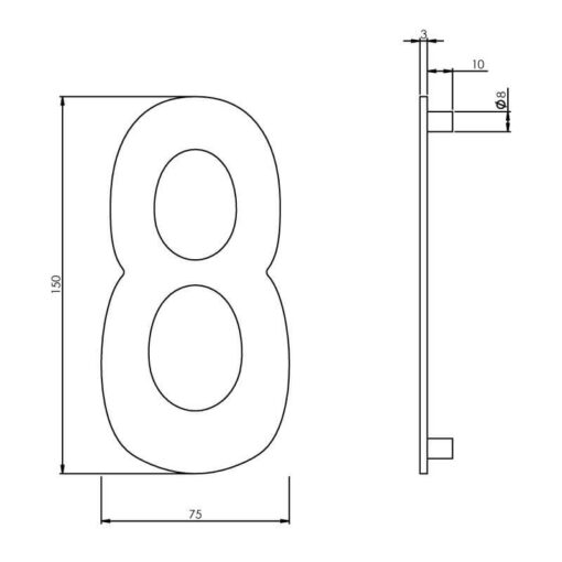 Intersteel Huisnummer 8 150 mm INOX geborsteld - Technische tekening