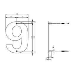 Intersteel Huisnummer 9 150x2mm INOX geborsteld - Technische tekening