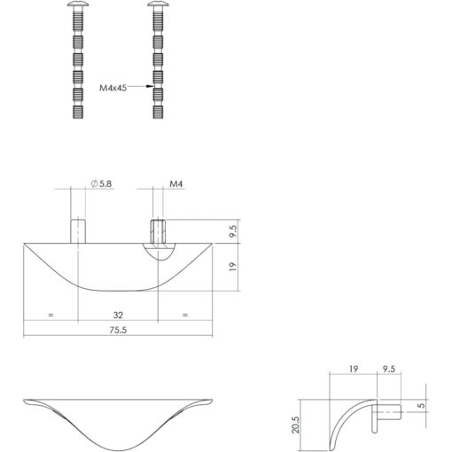 Intersteel Ladegreep 76 mm chroom mat - Technische tekening