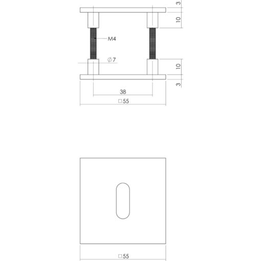 Intersteel Magneet rozet vierkant met profielcilindergat INOX geborsteld - Technische tekening