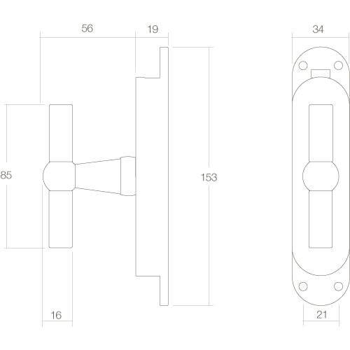 Intersteel Raamespagnolet T-kruk nikkel - Technische tekening