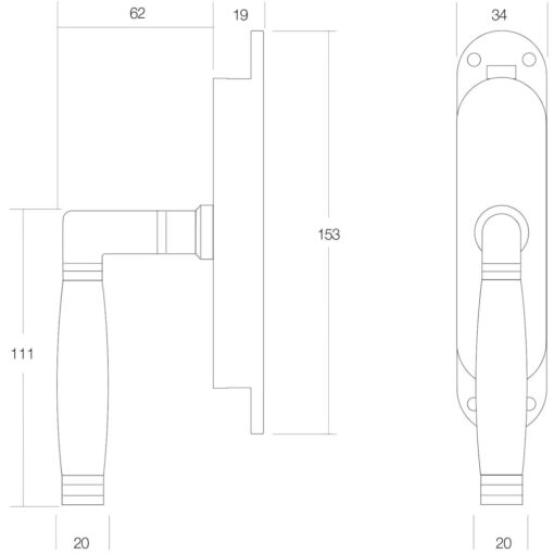 Intersteel Raamespagnolet Ton 222 links nikkel mat/ebbenhout - Technische tekening