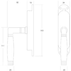 Intersteel Raamespagnolet Ton 222 rechts nikkel/ebbenhout - Technische tekening