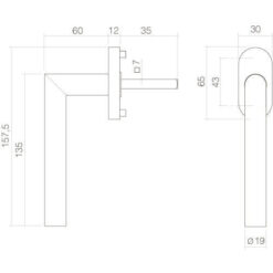 Intersteel Raamkruk L-hoek INOX geborsteld - Technische tekening
