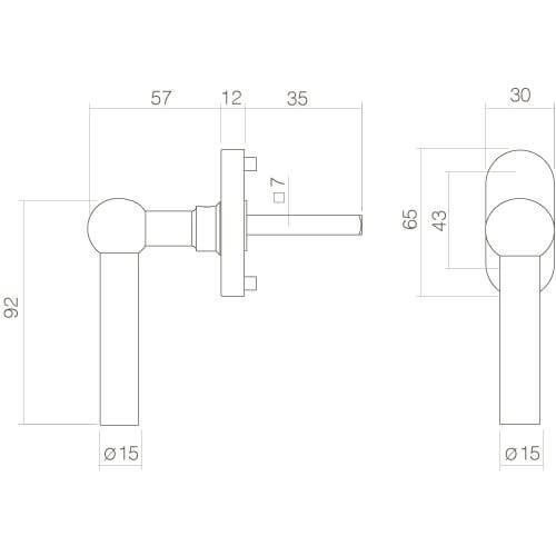 Intersteel Raamkruk L-vorm INOX geborsteld - Technische tekening