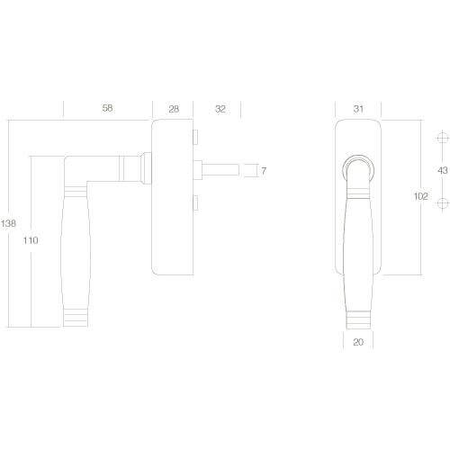 Intersteel Raamkruk Ton 222 afsluitbaar nikkel/ebben hout - Technische tekening