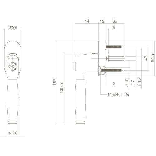 Intersteel Raamkruk Ton 222 afsluitbaar nikkel mat/ebbenhout - Technische tekening