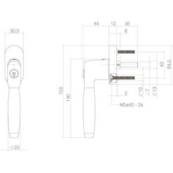 Intersteel Raamkruk Ton 400 afsluitbaar op ovaal rozet chroom/ebben hout - Technische tekening