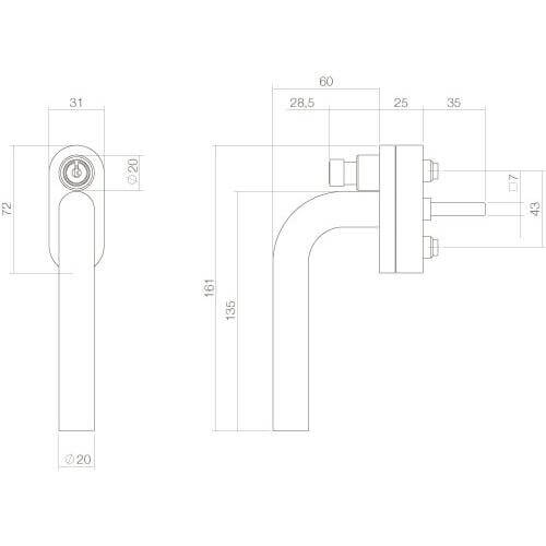 Intersteel Raamkruk recht afsluitbaar SKG** INOX geborsteld - Technische tekening