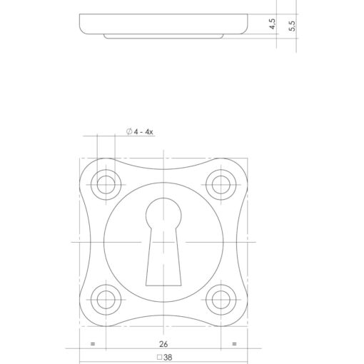 Intersteel Rozet klaverblad sleutelgat nikkel - Technische tekening