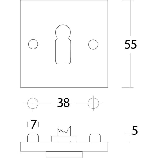 Intersteel Rozet sleutelgat vierkant groot nikkel mat - Technische tekening