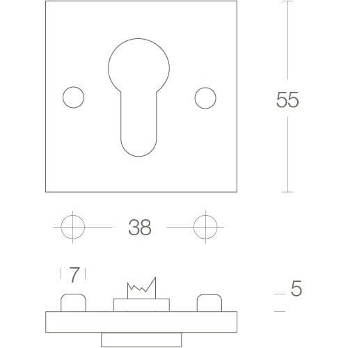 Intersteel Rozet vierkant met profielcilindergat nikkel - Technische tekening