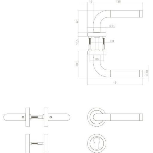 Intersteel deurklink Agatha met rozet profielcilindergat INOX geborsteld - Technische tekening