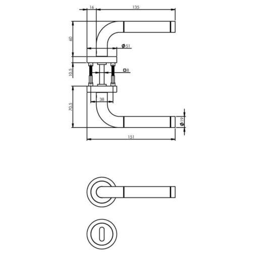 Intersteel deurklink Agatha met rozet sleutelgat INOX geborsteld - Technische tekening