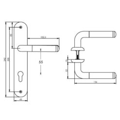 Intersteel deurklink Agatha op schild profielcilindergat 55 mm chroom - Technische tekening
