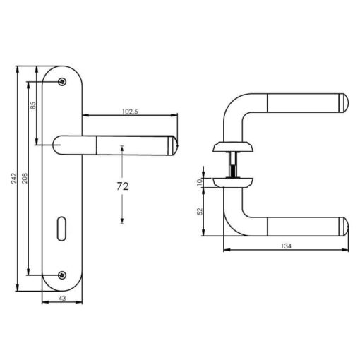 Intersteel deurklink Agatha op schild sleutelgat 72 mm chroom - Technische tekening