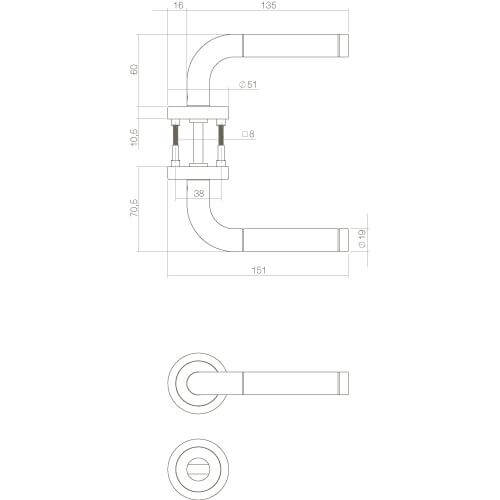 Intersteel deurklink Agatha rozet met toilet-/badkamersluiting INOX geborsteld - Technische tekening