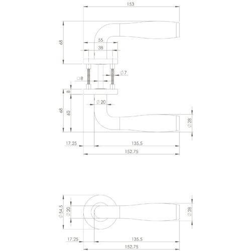 Intersteel deurklink Bas Konig Solid Fusion INOX geborsteld - Technische tekening