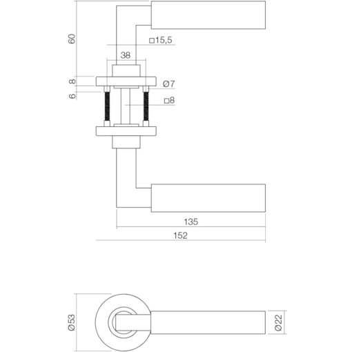 Intersteel deurklink Bau-Stil op rozet INOX geborsteld - Technische tekening