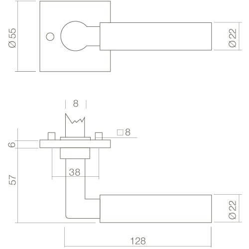 Intersteel deurklink Bau-Stil op vierkant rozet chroom - Technische tekening