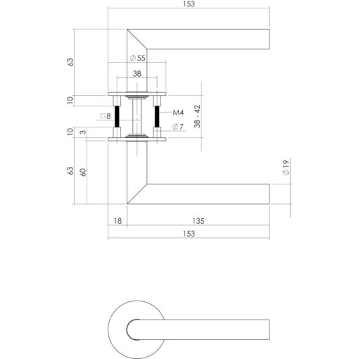 Intersteel deurklink Bau-stil op rond magneet rozet INOX geborsteld - Technische tekening