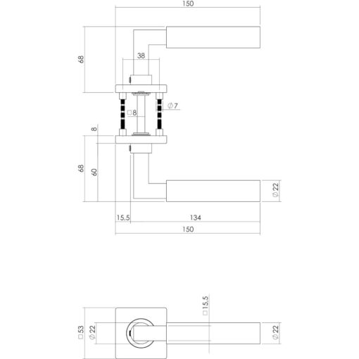 Intersteel deurklink Bau-stil op vierkant rozet INOX geborsteld - Technische tekening