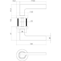 Intersteel deurklink Ben op rozet nikkel mat - Technische tekening
