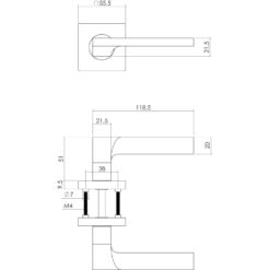 Intersteel deurklink Ben op vierkant rozet nikkel mat - Technische tekening