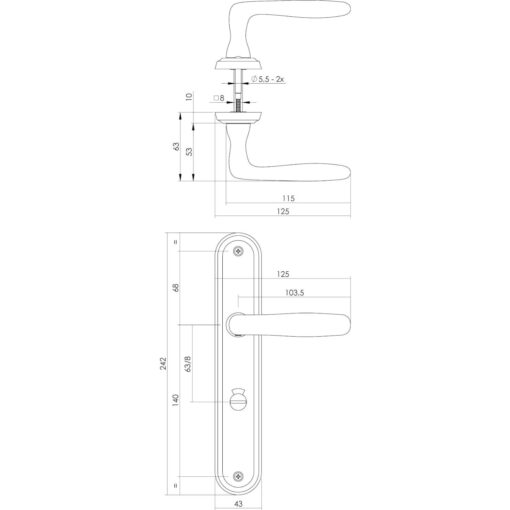 Intersteel deurklink Bjorn op schild toilet-/badkamersluiting 63 mm nikkel mat - Technische tekening