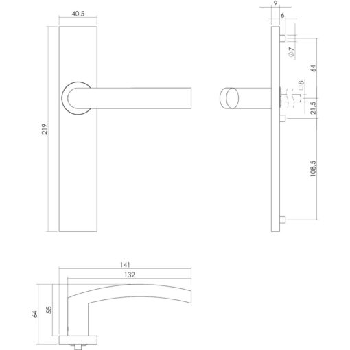 Intersteel deurklink Blok op rechthoekig schild blind INOX geborsteld - Technische tekening