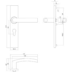 Intersteel deurklink Blok op rechthoekig schild profielcilindergat 55 mm INOX geborsteld - Technische tekening