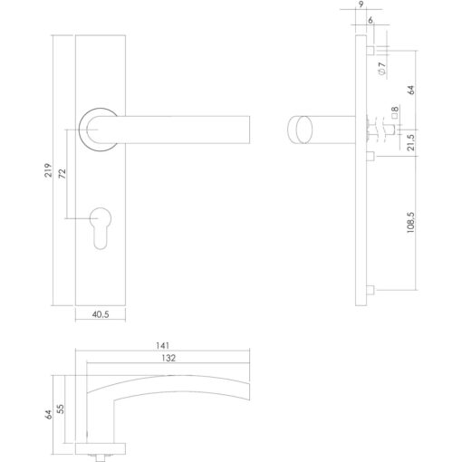 Intersteel deurklink Blok op rechthoekig schild profielcilindergat 72 mm INOX geborsteld - Technische tekening